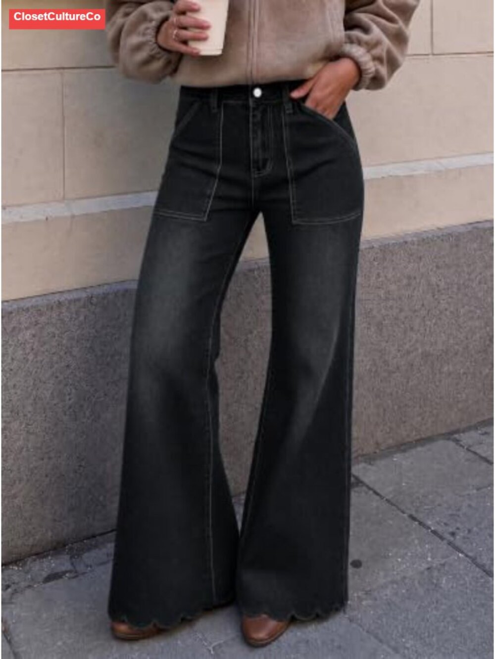 High Waisted Scalloped Wide Leg Flared Denim Jeans Stretch Tummy Control - Picture 2 of 5
